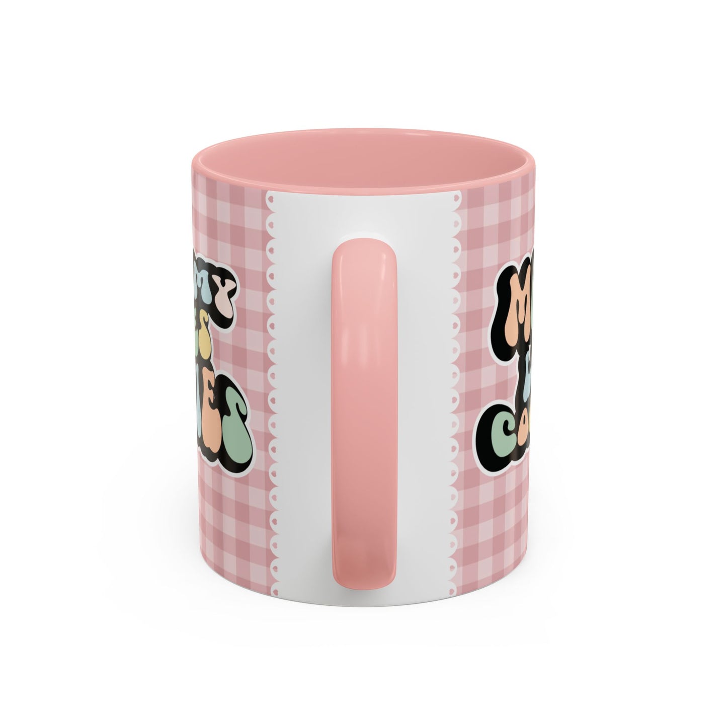 Perfect gift for mom. A decorative, 11oz ceramic mug. It’s wrapped in a soft pink-white checkered background. In a happy and colorful 70s retro-style font it says Mommy Loves Cookies, on both sides. 