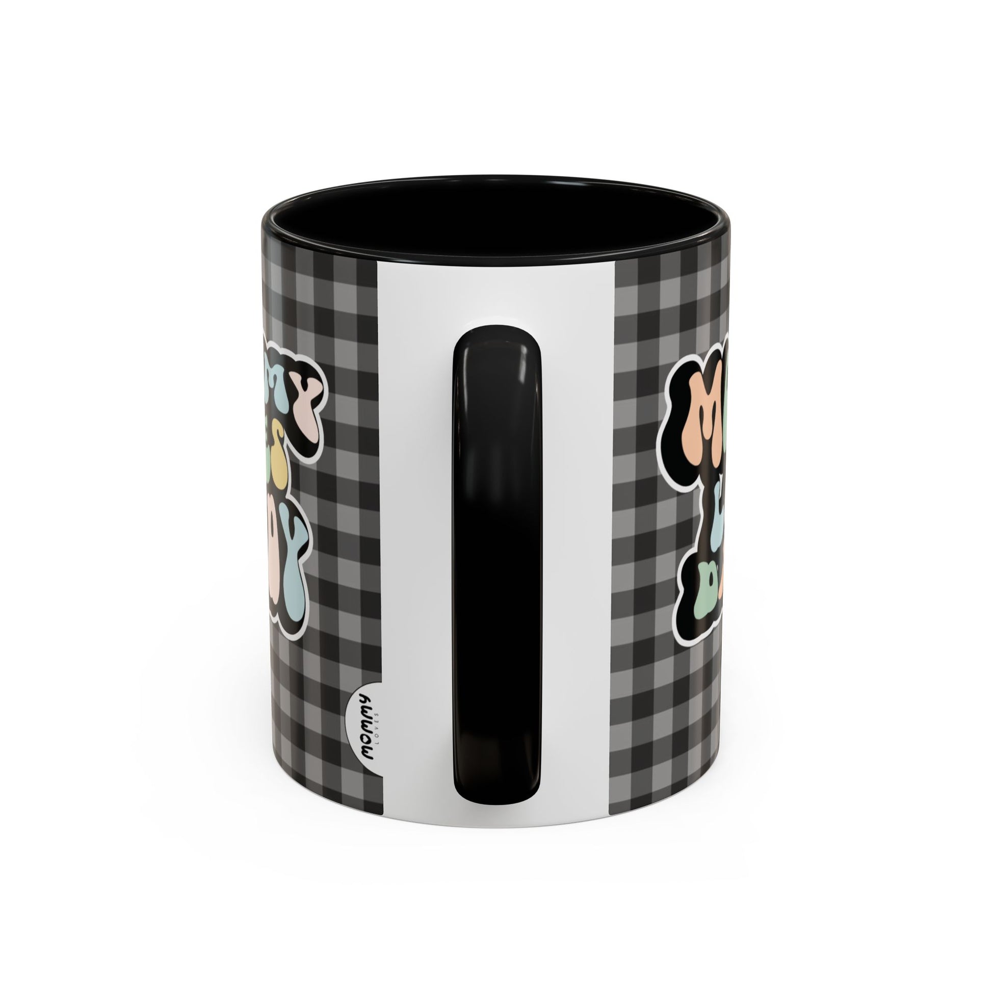 Perfect gift for mom. A decorative, 11oz ceramic mug. It’s wrapped in a black-white checkered background. In a happy and colorful 70s retro-style font it says Mommy Loves Daddy, on both sides. 