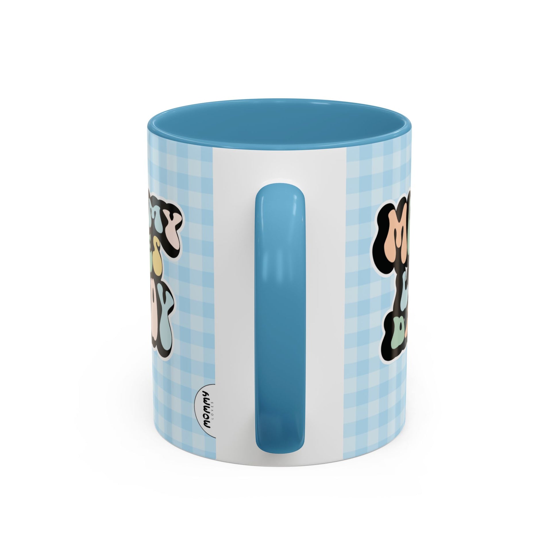 Perfect gift for mom. A decorative, 11oz ceramic mug. It’s wrapped in a light blue-white checkered background. In a happy and colorful 70s retro-style font it says Mommy Loves Daddy, on both sides. 