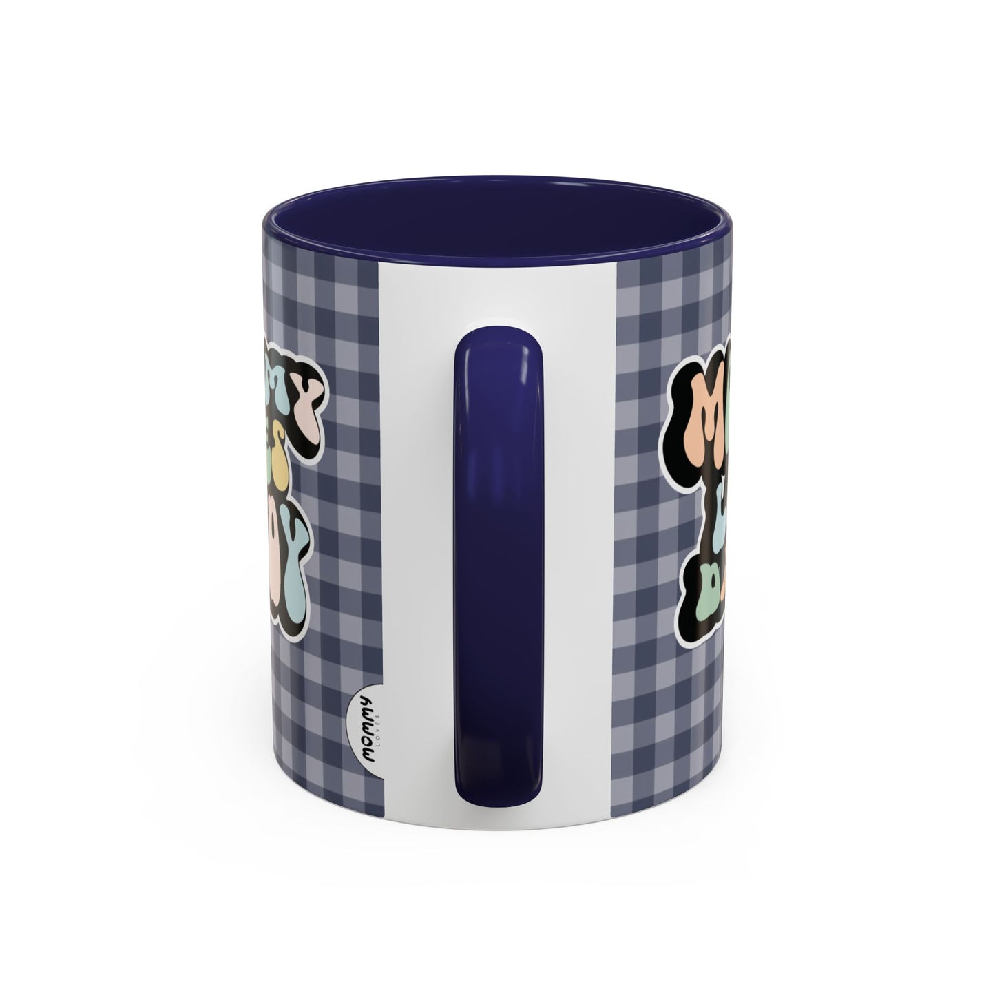 Perfect gift for mom. A decorative, 11oz ceramic mug. It’s wrapped in a navy blue-white checkered background. In a happy and colorful 70s retro-style font it says Mommy Loves Daddy, on both sides. 