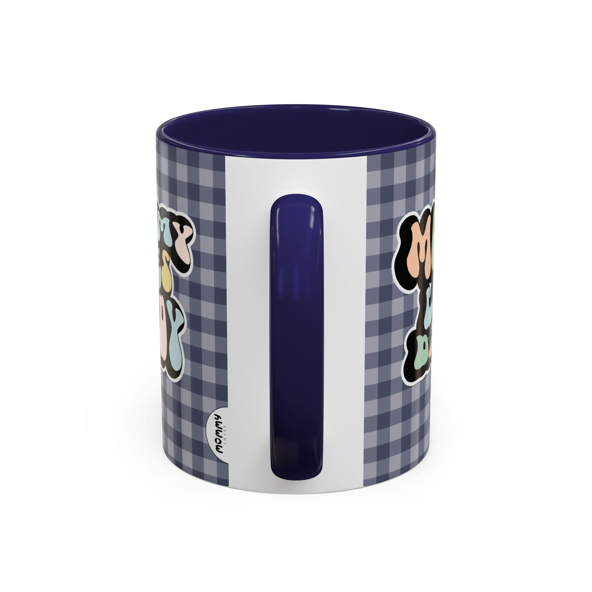 Perfect gift for mom. A decorative, 11oz ceramic mug. It’s wrapped in a navy blue-white checkered background. In a happy and colorful 70s retro-style font it says Mommy Loves Daddy, on both sides. 