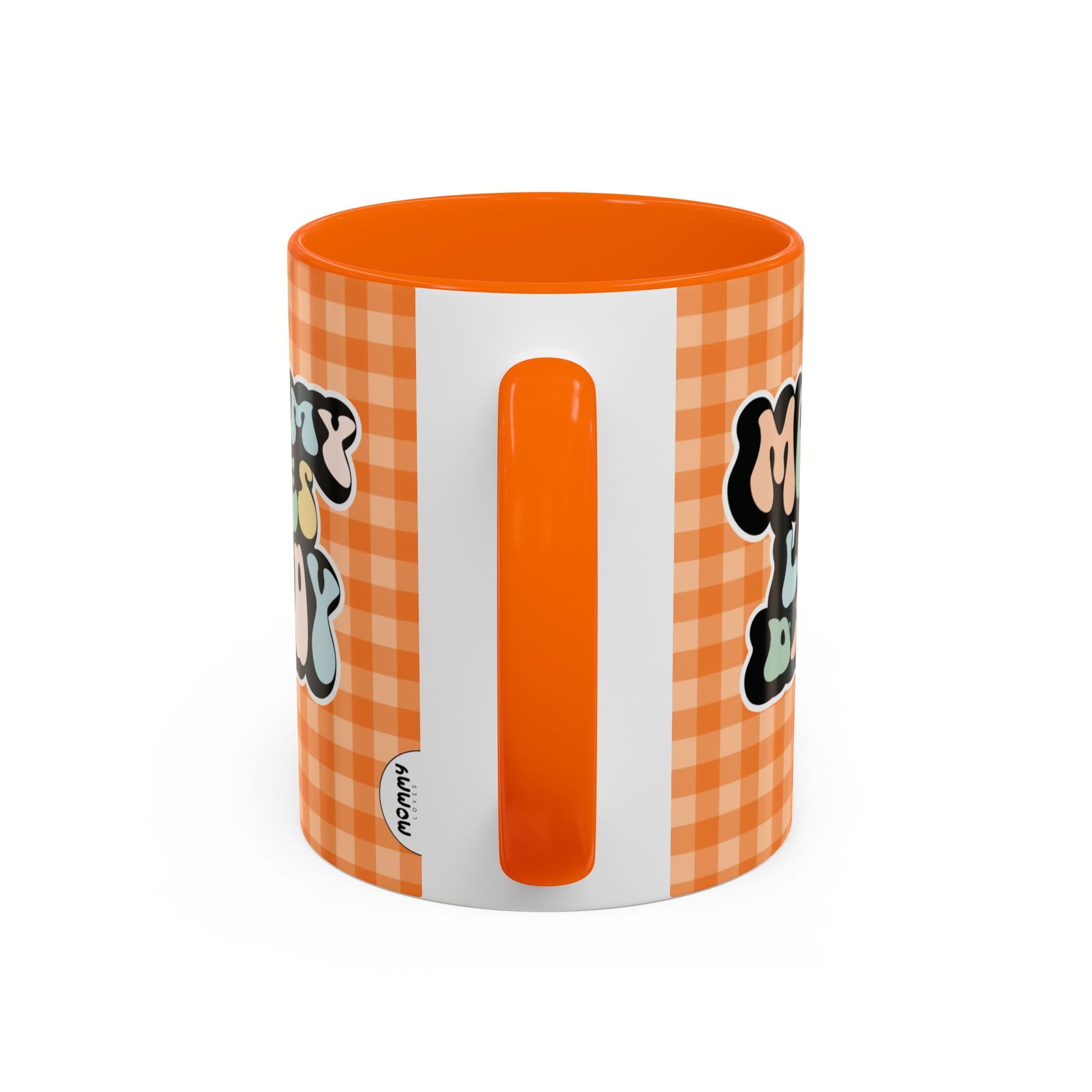 Perfect gift for mom. A decorative, 11oz ceramic mug. It’s wrapped in a orange-white checkered background. In a happy and colorful 70s retro-style font it says Mommy Loves Daddy, on both sides. 