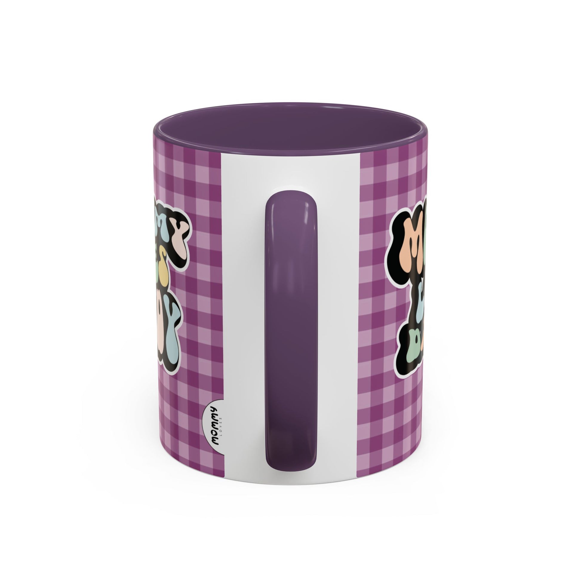 Perfect gift for mom. A decorative, 11oz ceramic mug. It’s wrapped in a purple-white checkered background. In a happy and colorful 70s retro-style font it says Mommy Loves Daddy, on both sides. 