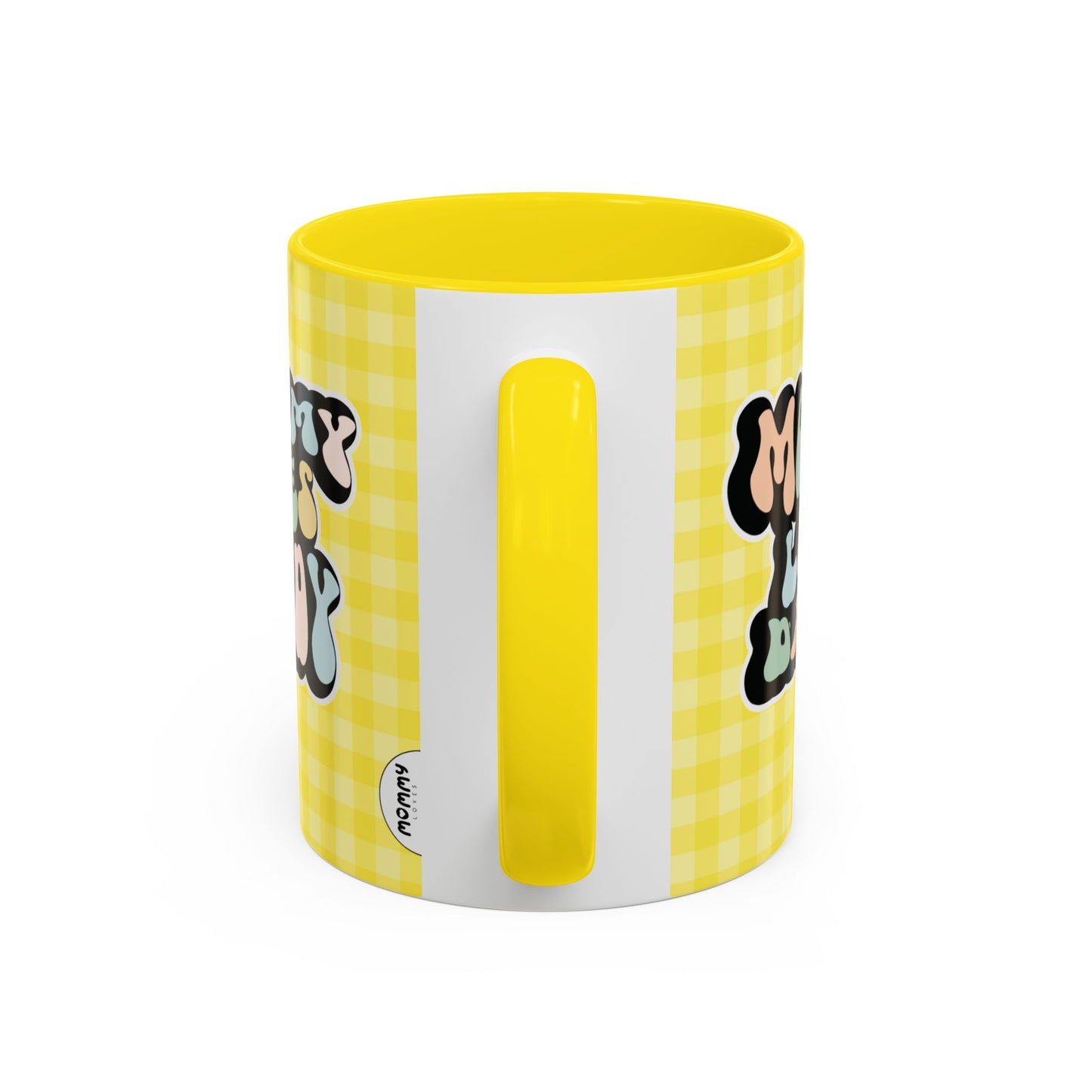 Perfect gift for mom. A decorative, 11oz ceramic mug. It’s wrapped in a yellow-white checkered background. In a happy and colorful 70s retro-style font it says Mommy Loves Daddy, on both sides. 