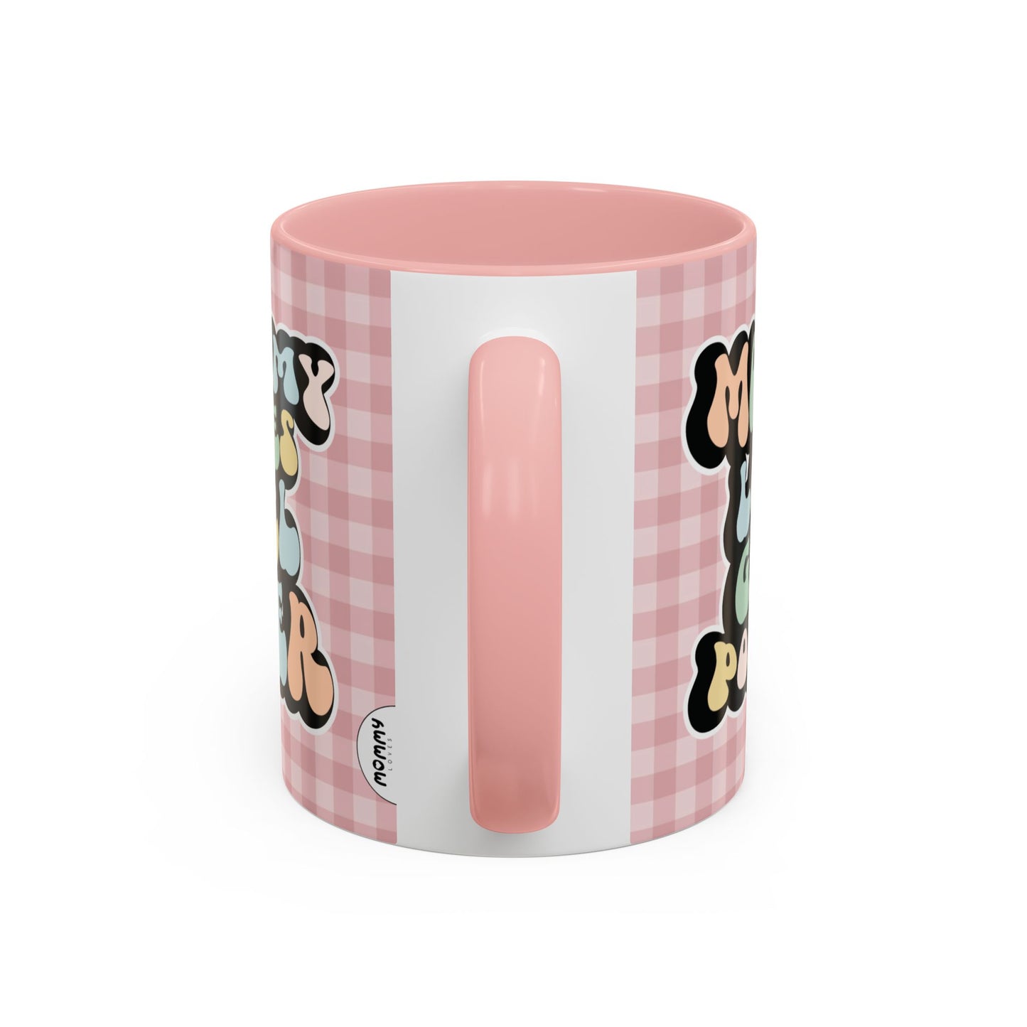 Perfect gift for mom. A decorative, 11oz ceramic mug. It’s wrapped in a soft pink-white checkered background. In a happy and colorful 70s retro-style font it says Mommy Loves Girl Power, on both sides. 