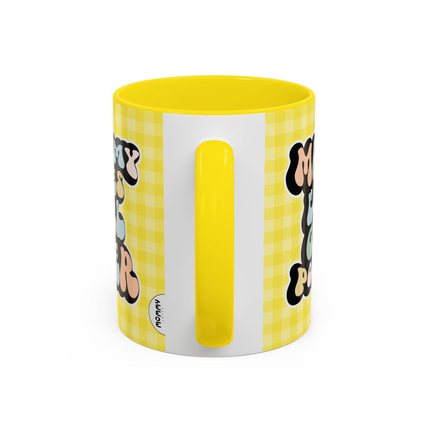 Perfect gift for mom. A decorative, 11oz ceramic mug. It’s wrapped in a yellow-white checkered background. In a happy and colorful 70s retro-style font it says Mommy Loves Girl Power, on both sides. 
