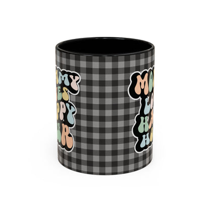 Perfect gift for mom. A decorative, 11oz ceramic mug. It’s wrapped in a black-white checkered background. In a happy and colorful 70s retro-style font it says Mommy Loves Happy Hour, on both sides. 