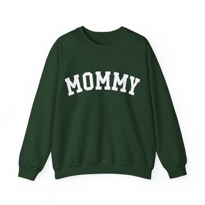 The perfect gift for mom. Our Mother’s Day special. Our crewneck sweatshirt. The color of the shirt is forest green, and in big white varsity letters it says MOMMY on the chest. It’s available in six sizes, ranging from S to 3XL. 