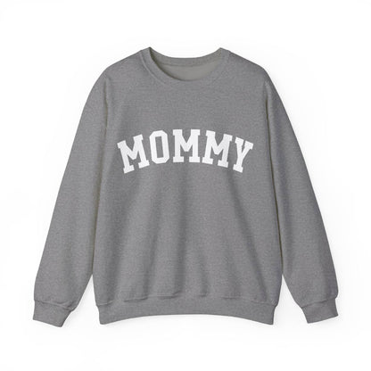 The perfect gift for mom. Our Mother’s Day special. Our crewneck sweatshirt. The color of the shirt is graphite heather, and in big white varsity letters it says MOMMY on the chest. It’s available in six sizes, ranging from S to 3XL. 