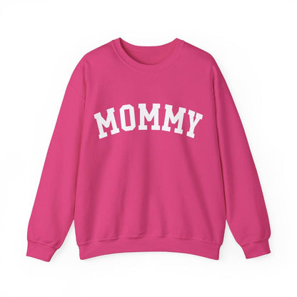 The perfect gift for mom. Our Mother’s Day special. Our crewneck sweatshirt. The color of the shirt is hot pink, and in big white varsity letters it says MOMMY on the chest. It’s available in six sizes, ranging from S to 3XL. 
