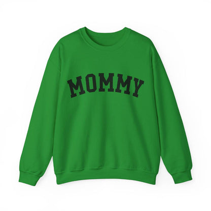 The perfect gift for mom. Our Mother’s Day special. Our crewneck sweatshirt. The color of the shirt is irish green, and in big black varsity letters it says MOMMY on the chest. It’s available in six sizes, ranging from S to 3XL. 