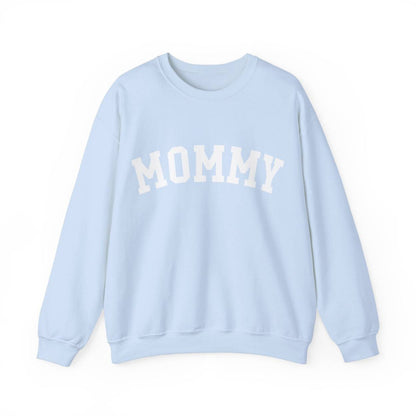 The perfect gift for mom. Our Mother’s Day special. Our crewneck sweatshirt. The color of the shirt is light blue, and in big white varsity letters it says MOMMY on the chest. It’s available in six sizes, ranging from S to 3XL. 