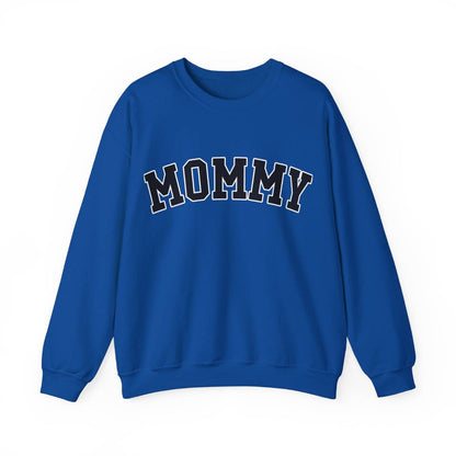 The perfect gift for mom. Our Mother’s Day special. Our crewneck sweatshirt. The color of the shirt is royal blue, and in big varsity letters it says MOMMY on the chest. It’s available in six sizes, ranging from S to 3XL. 