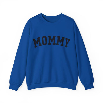 The perfect gift for mom. Our Mother’s Day special. Our crewneck sweatshirt. The color of the shirt is royal blue, and in big black varsity letters it says MOMMY on the chest. It’s available in six sizes, ranging from S to 3XL. 