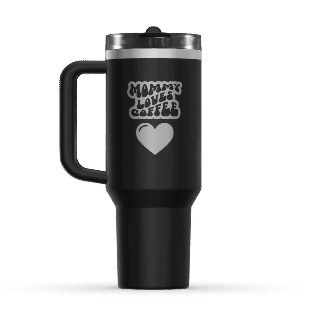 Stanley 40oz Tumbler, with a personalized twist. The perfect gift for mom. The Color of the cup is Black. It’s engraved with a typically 70s retro-style font, saying Mommy Loves Coffee. Under that text there is a nice big heart in the same style. 