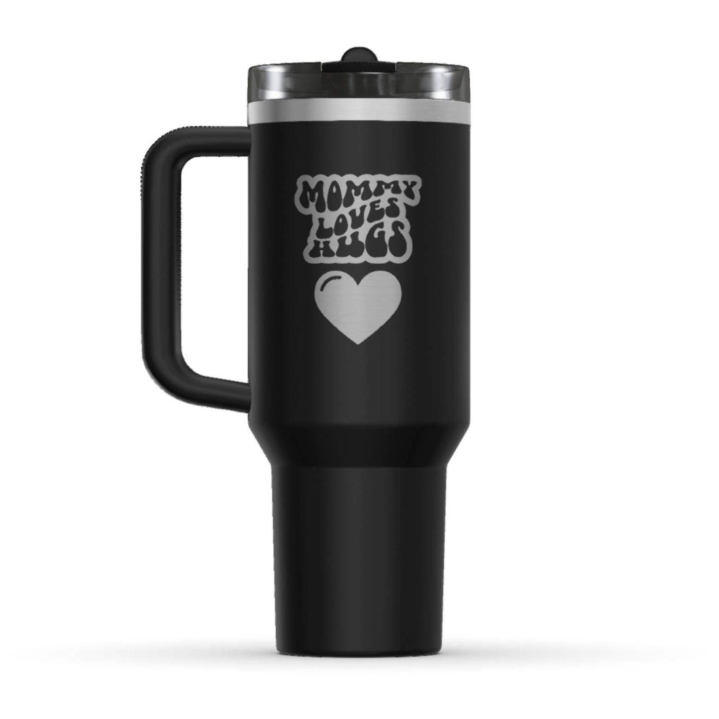 The back side of the newest Stanley 40oz Tumbler. The perfect gift for mom. The Color of the cup is Black. It’s engraved with a typically 70s retro-style font, saying Mommy Loves Hugs. Under that text there is a nice big heart in the same retro style.