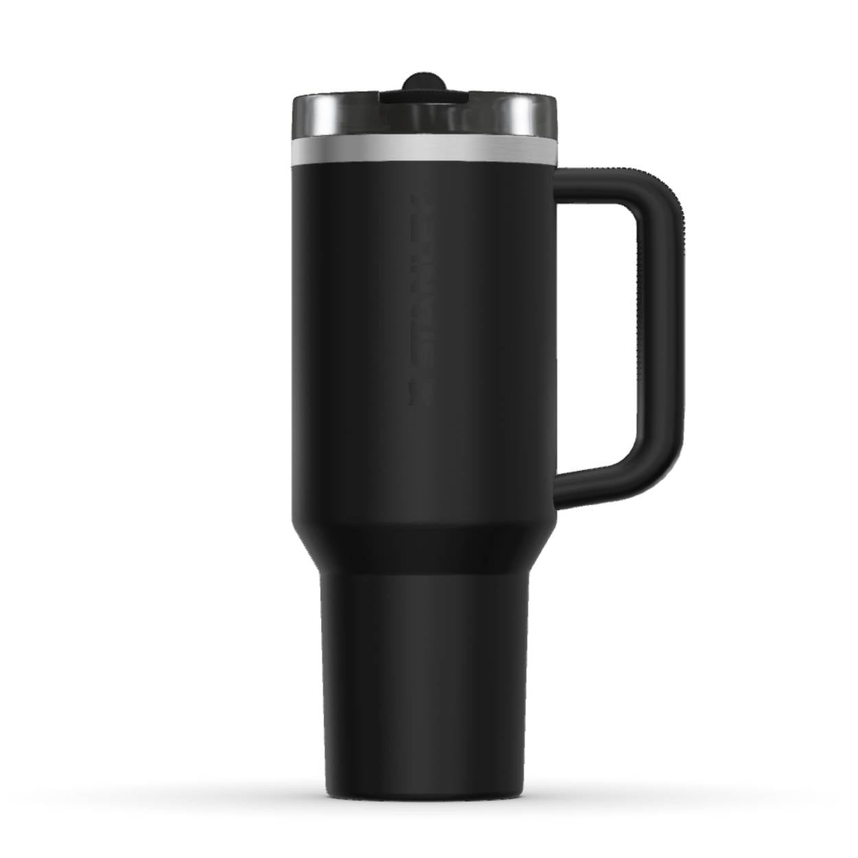 The front side of a Stanley 40oz tumbler. The perfect gift for mom. The color of the cup is Black 2.0, a shade of black. It shows the Stanley brand logo in a darker shade of black. On the back you can find the personalized engraving.