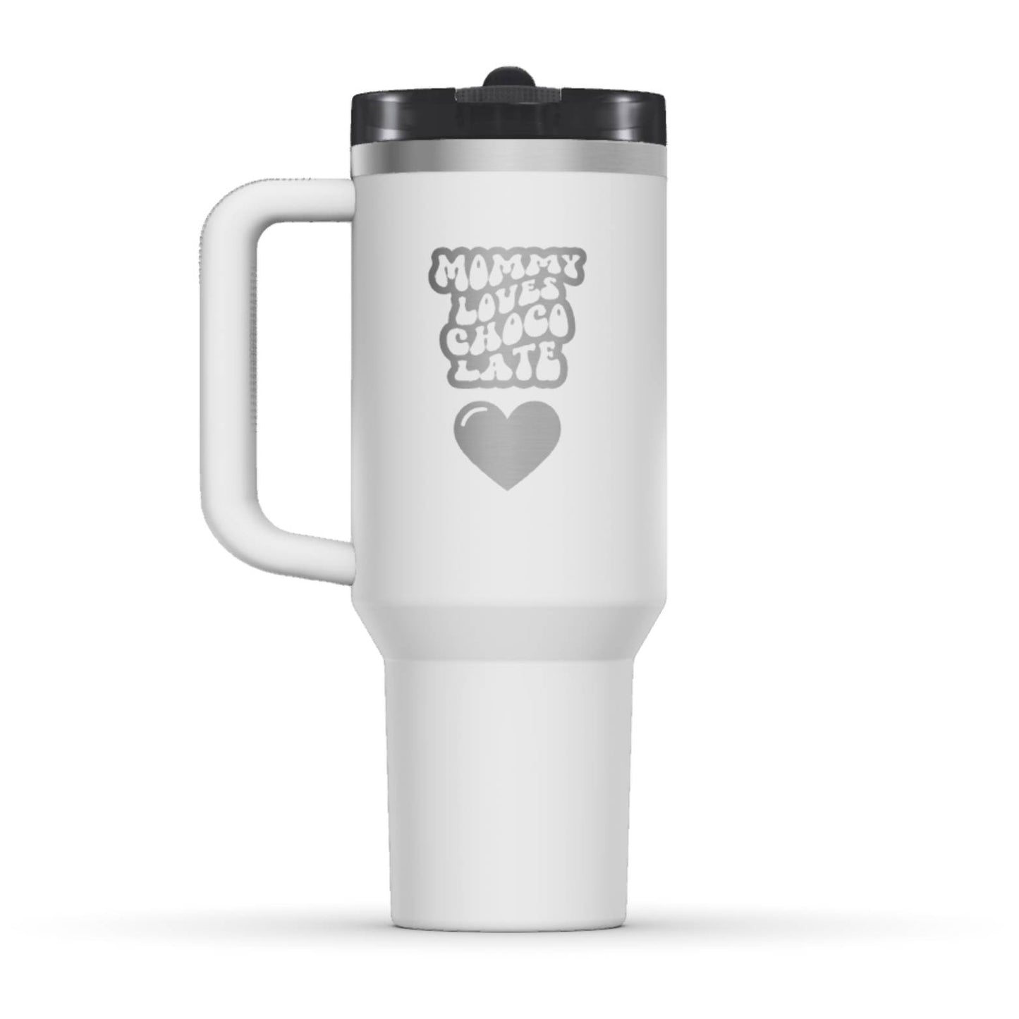 The back side of the newest Stanley 40oz Tumbler. The perfect gift for mom. The Color of the cup is Chalk, a shade of fresh white. It’s engraved with a typically 70s retro-style font, saying Mommy Loves Chocolate. Under that text there is a nice big heart in the same retro style.
