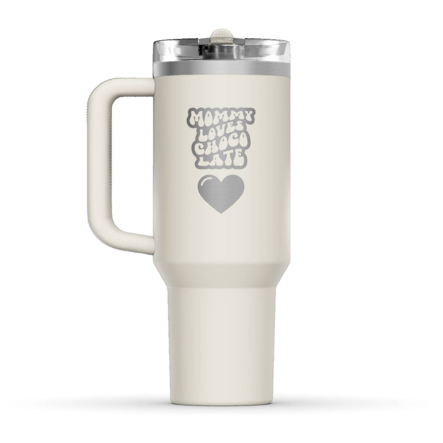 The back side of the newest Stanley 40oz Tumbler. The perfect gift for mom. The Color of the cup is Cream, a warm shade of white. It’s engraved with a typically 70s retro-style font, saying Mommy Loves Chocolate. Under that text there is a nice big heart in the same retro style.