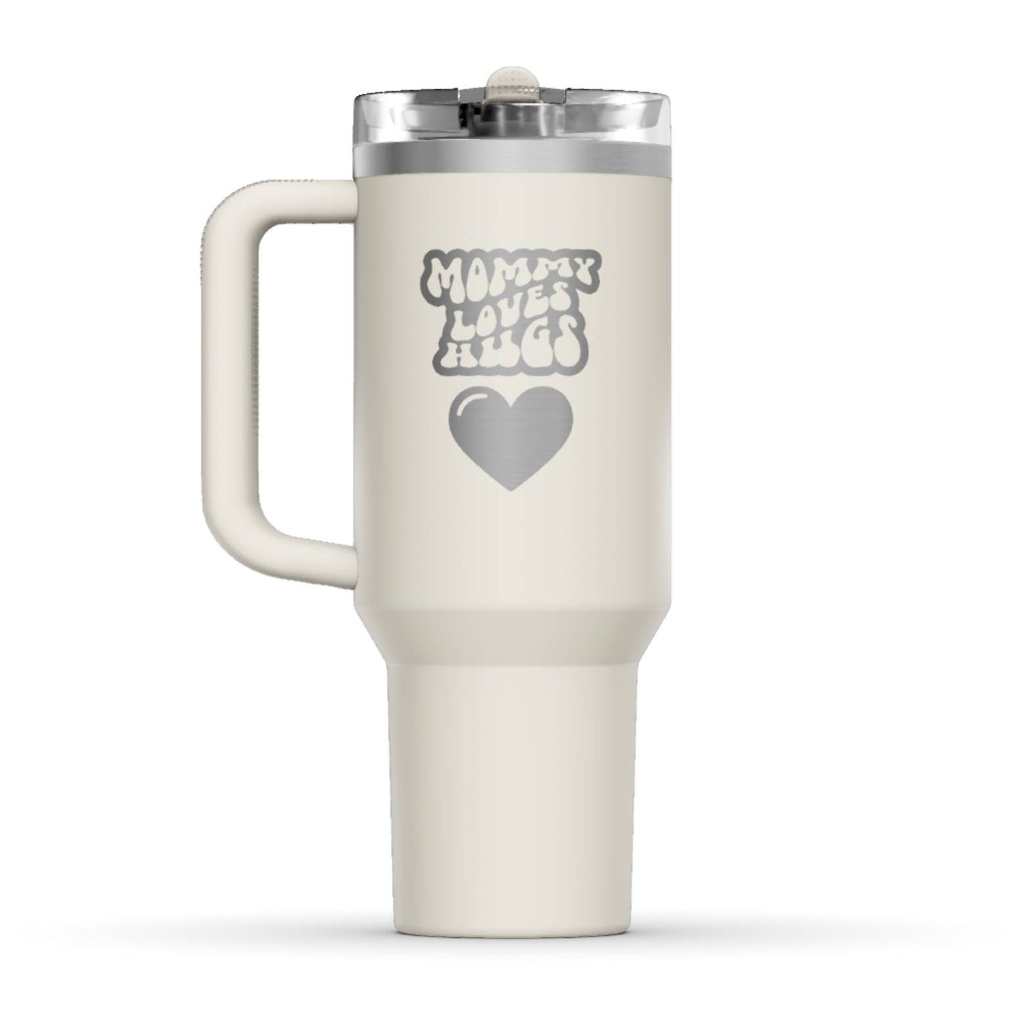 The back side of the newest Stanley 40oz Tumbler. The perfect gift for mom. The Color of the cup is Cream, a shade of off-white. It’s engraved with a typically 70s retro-style font, saying Mommy Loves Hugs. Under that text there is a nice big heart in the same retro style.