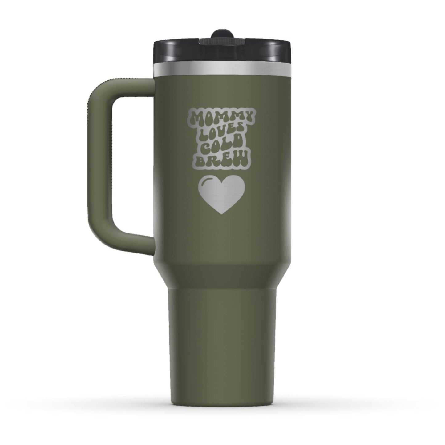 The back side of the newest Stanley 40oz Tumbler. The perfect gift for mother’s day. The Color of the cup is Dried Pine, a dark shade of army green. It’s engraved with a typically 70s retro-style font, saying Mommy Loves Cold Brew. Under that text there is a nice big heart in the same retro style.