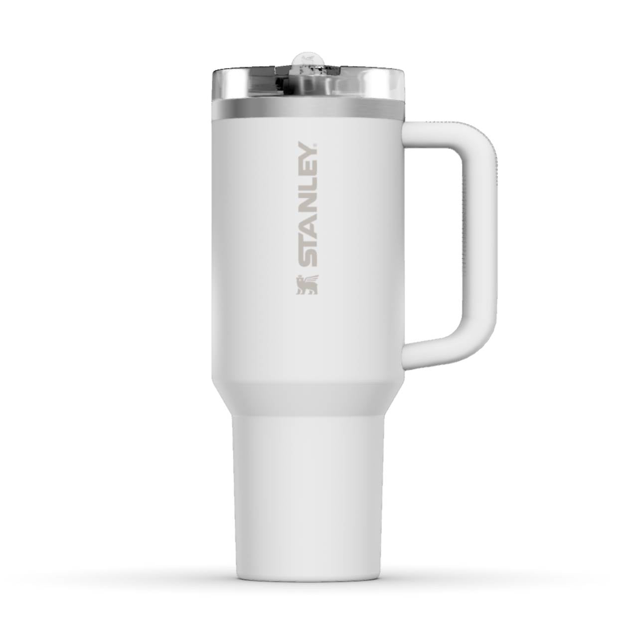 The front side of a Stanley 40oz tumbler. The perfect gift for mom. The color of the cup is Frost, similar to fresh white. It shows the Stanley brand logo in darker grey. On the back you can find the personalized engraving.