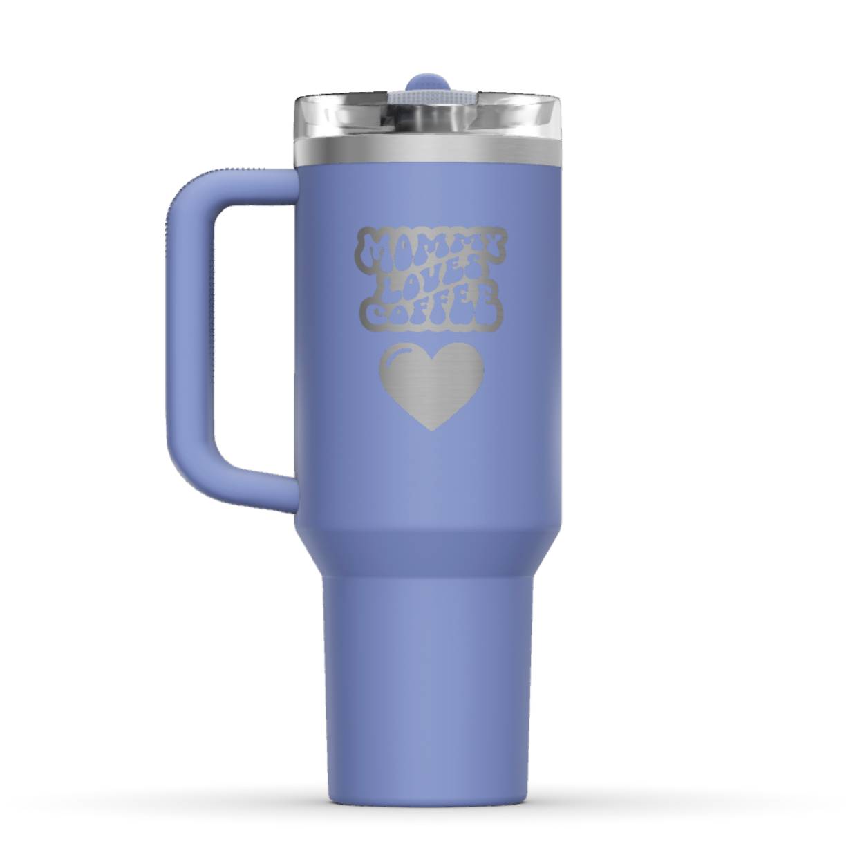 Stanley 40oz Tumbler, with a personalized twist. The perfect gift for mom. The Color of the cup is Hydrangea, a shade of fresh blue. It’s engraved with a typically 70s retro-style font, saying Mommy Loves Coffee. Under that text there is a nice big heart in the same style. 