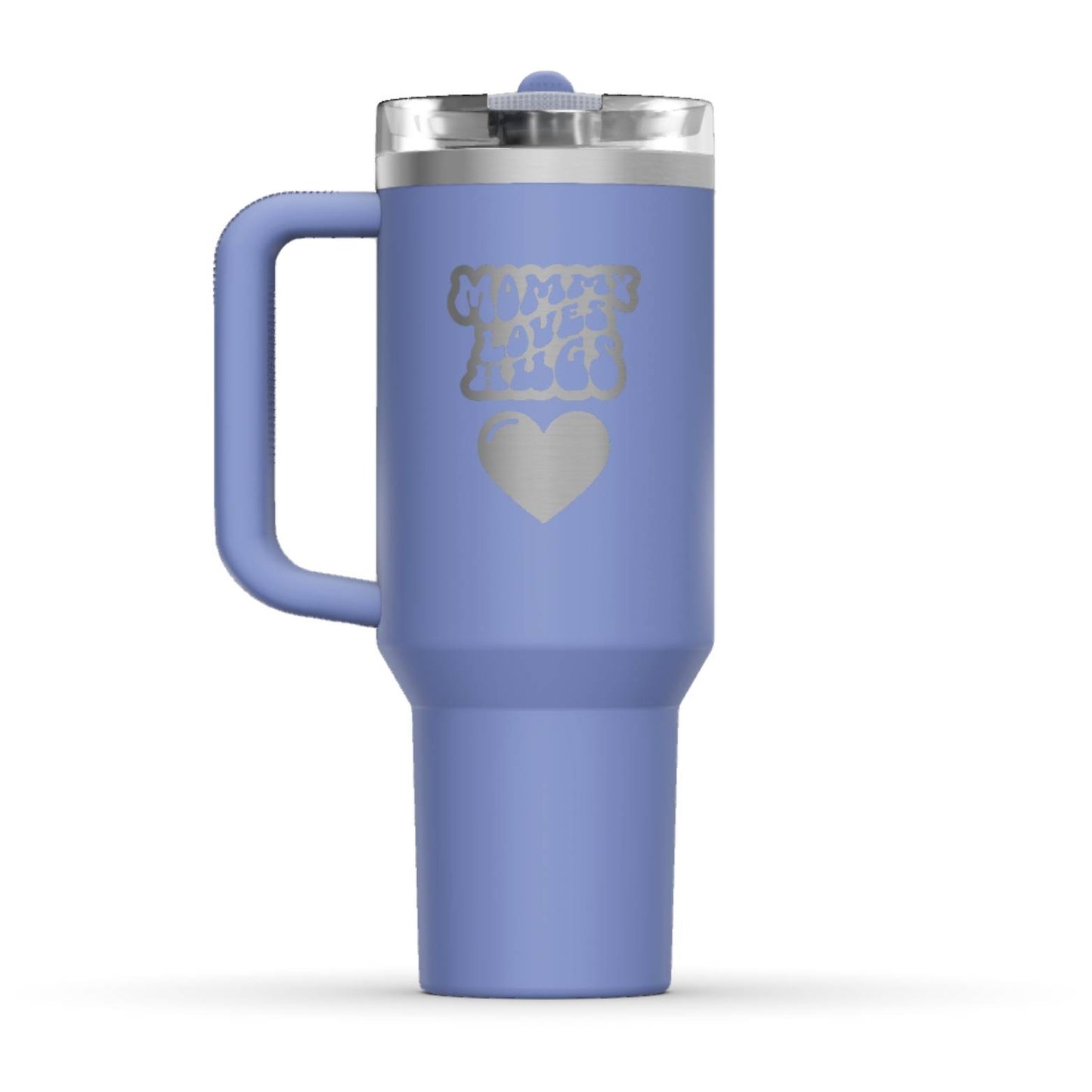 The back side of the newest Stanley 40oz Tumbler. The perfect gift for mom. The Color of the cup is Hydrangea, a shade of cyan blue. It’s engraved with a typically 70s retro-style font, saying Mommy Loves Hugs. Under that text there is a nice big heart in the same retro style.