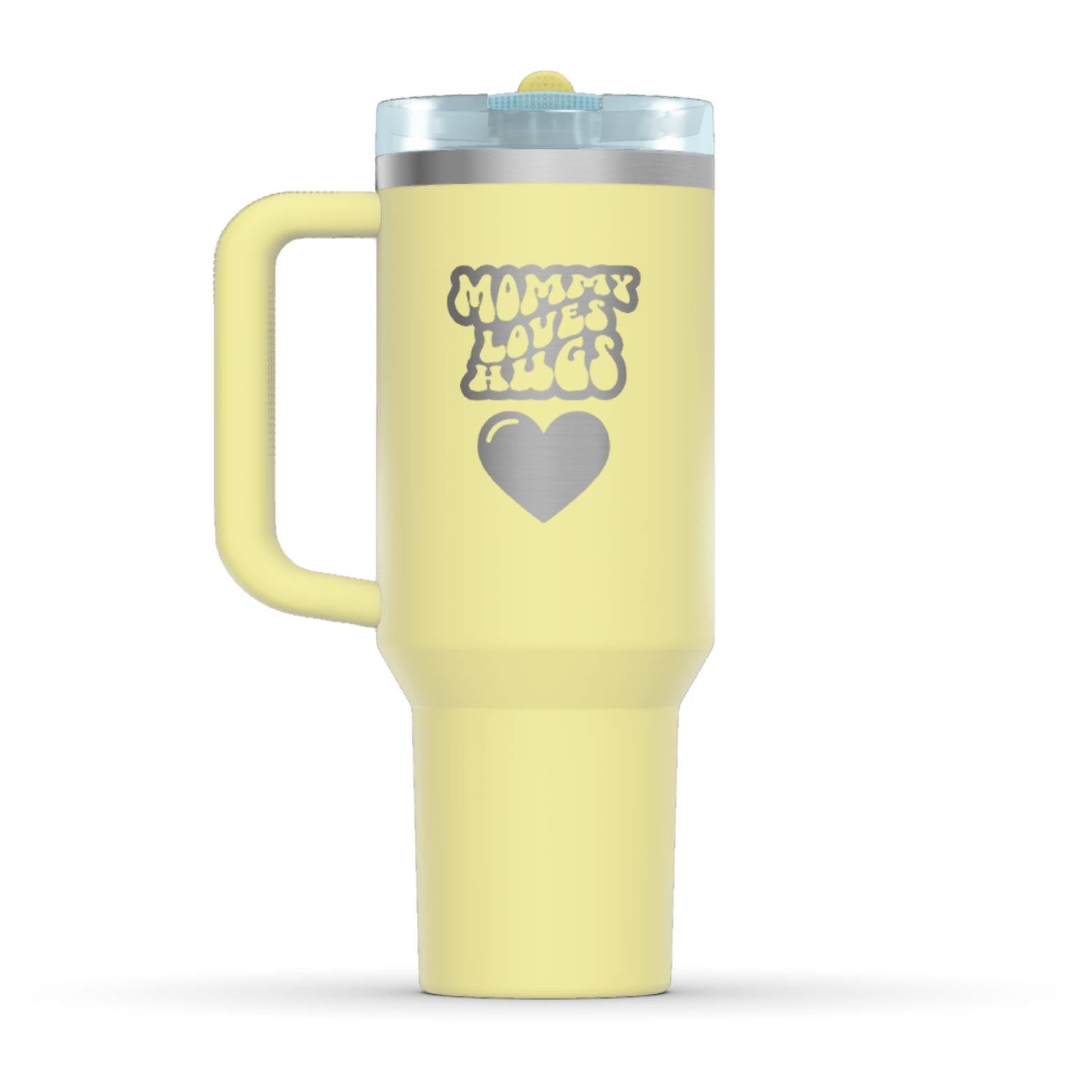 The back side of the newest Stanley 40oz Tumbler. The perfect gift for mom. The Color of the cup is Pomelo, a shade of fresh yellow. It’s engraved with a typically 70s retro-style font, saying Mommy Loves Hugs. Under that text there is a nice big heart in the same retro style.