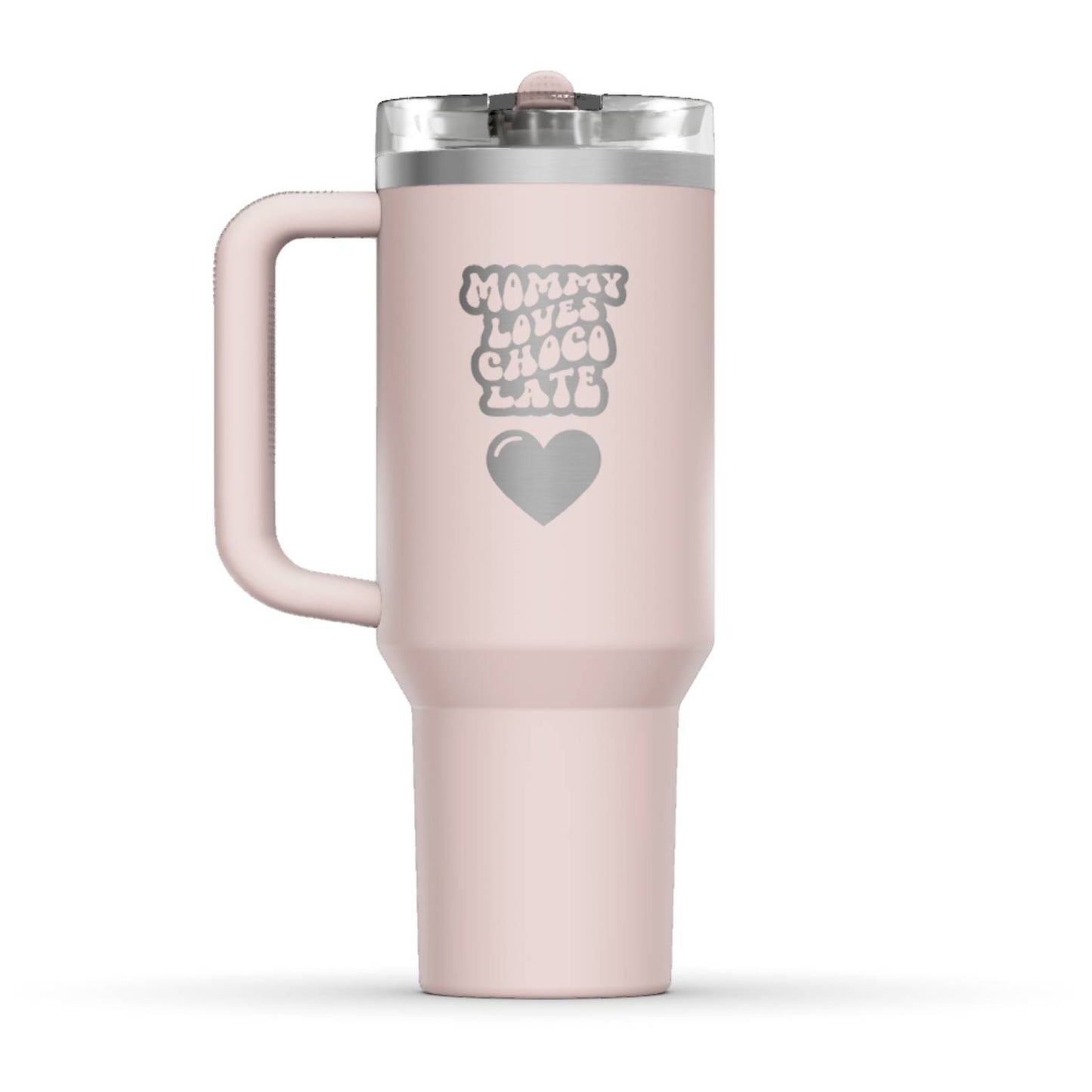 The back side of the newest Stanley 40oz Tumbler. The perfect gift for mom. The Color of the cup is Rose Quartz, a shade of soft pink. It’s engraved with a typically 70s retro-style font, saying Mommy Loves Chocolate. Under that text there is a nice big heart in the same retro style.