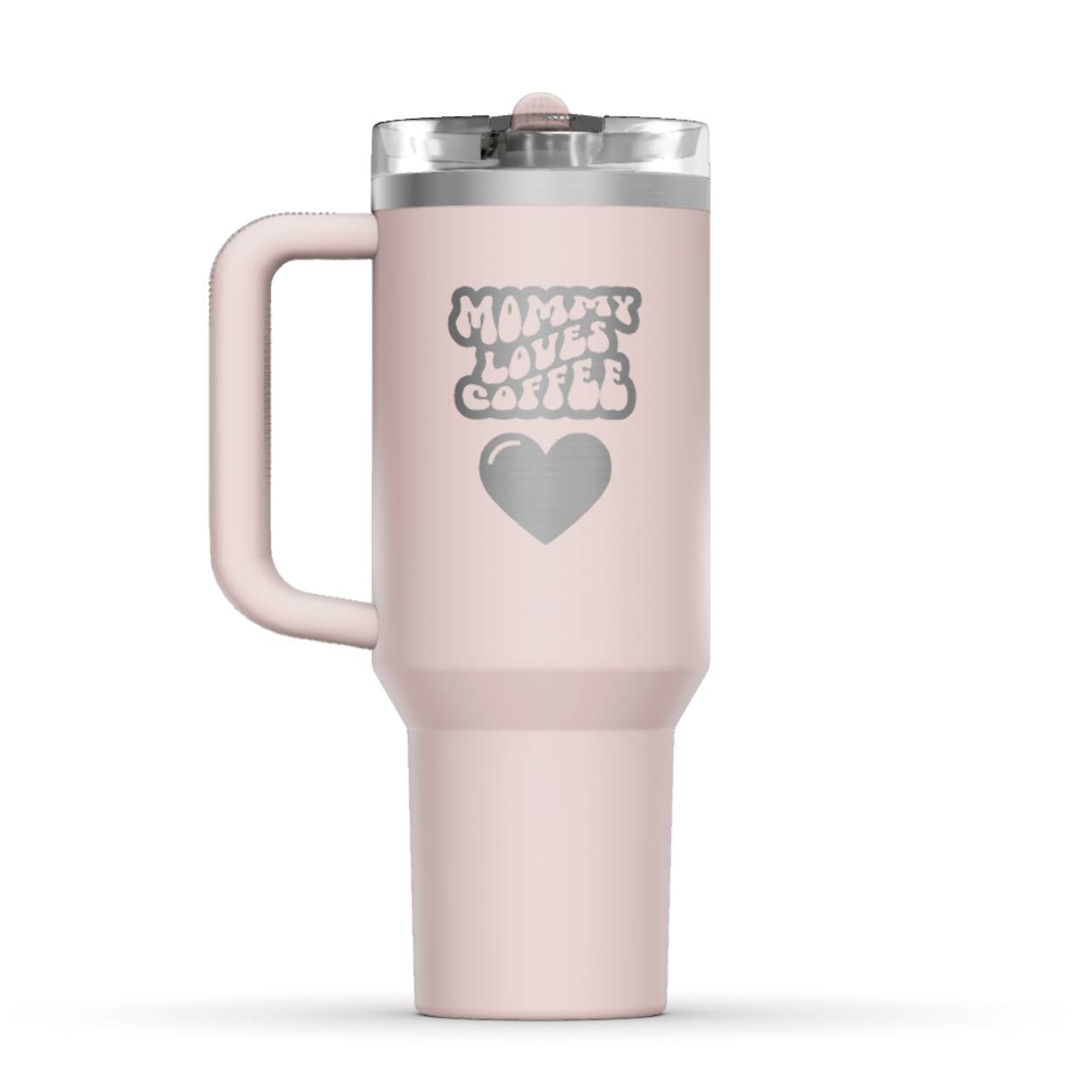 Stanley 40oz Tumbler, with a personalized twist. The perfect gift for mom. The Color of the cup is Pink Rose. It’s engraved with a typically 70s retro-style font, saying Mommy Loves Coffee. Under that text there is a nice big heart in the same style. 