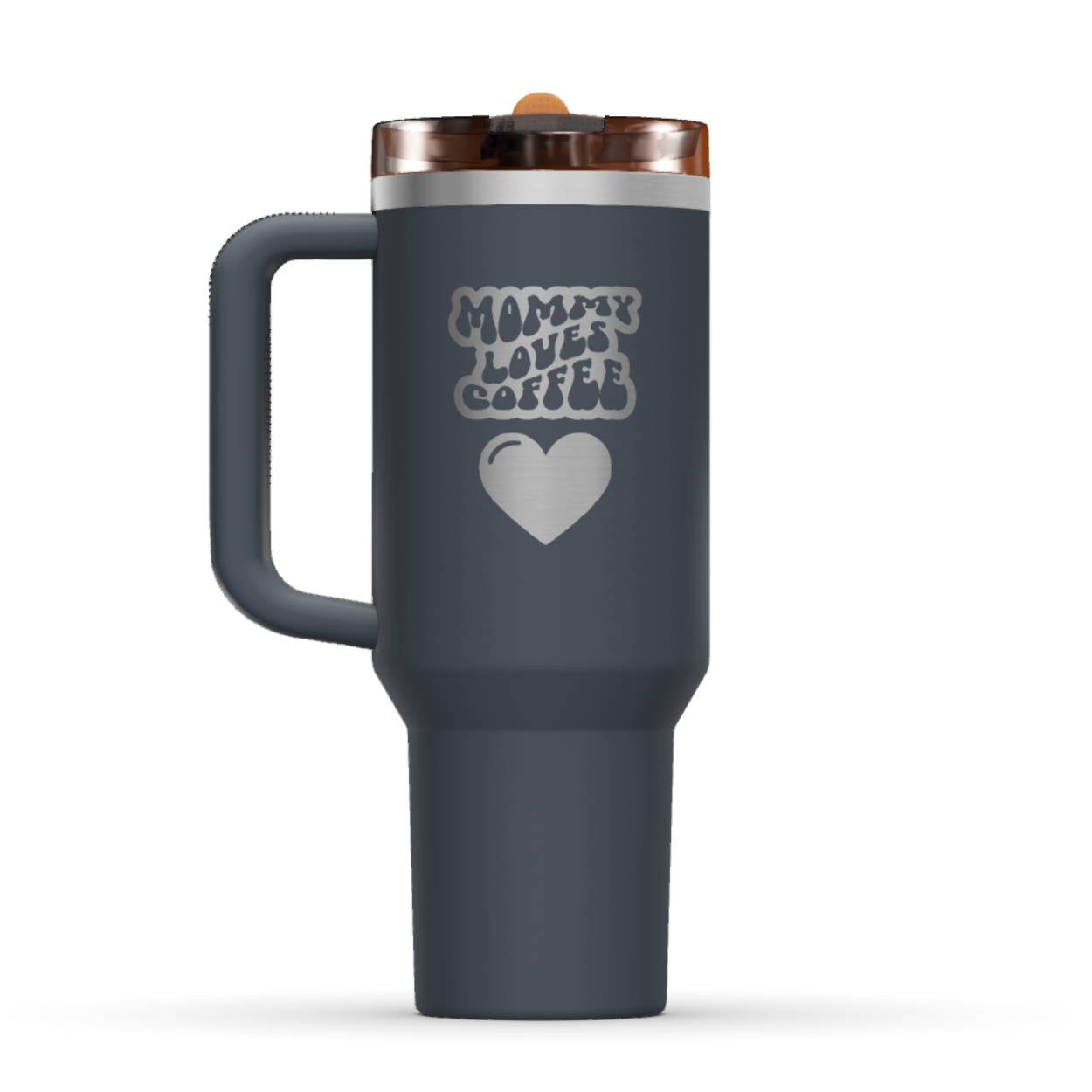 Stanley 40oz Tumbler, with a personalized twist. The perfect gift for mom. The Color of the cup is Twilight, a shade of dark blue. It’s engraved with a typically 70s retro-style font, saying Mommy Loves Coffee. Under that text there is a nice big heart in the same style. 