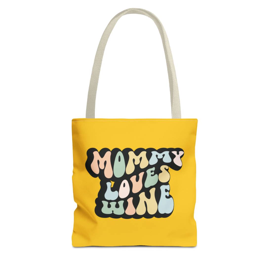 Perfect gift for mom. A mustard yellow tote bag, available in three sizes. In a typically 70s retro-style font, it says Mommy Loves Wine. The handle is beige.